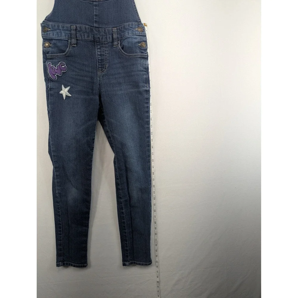 Justice Girls Dark Wash Patchwork Denim Overalls Size 14 Slim Leg Dungarees